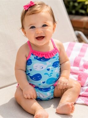 Toddler Blue Whale One-Piece Swimsuit with Pink Trim